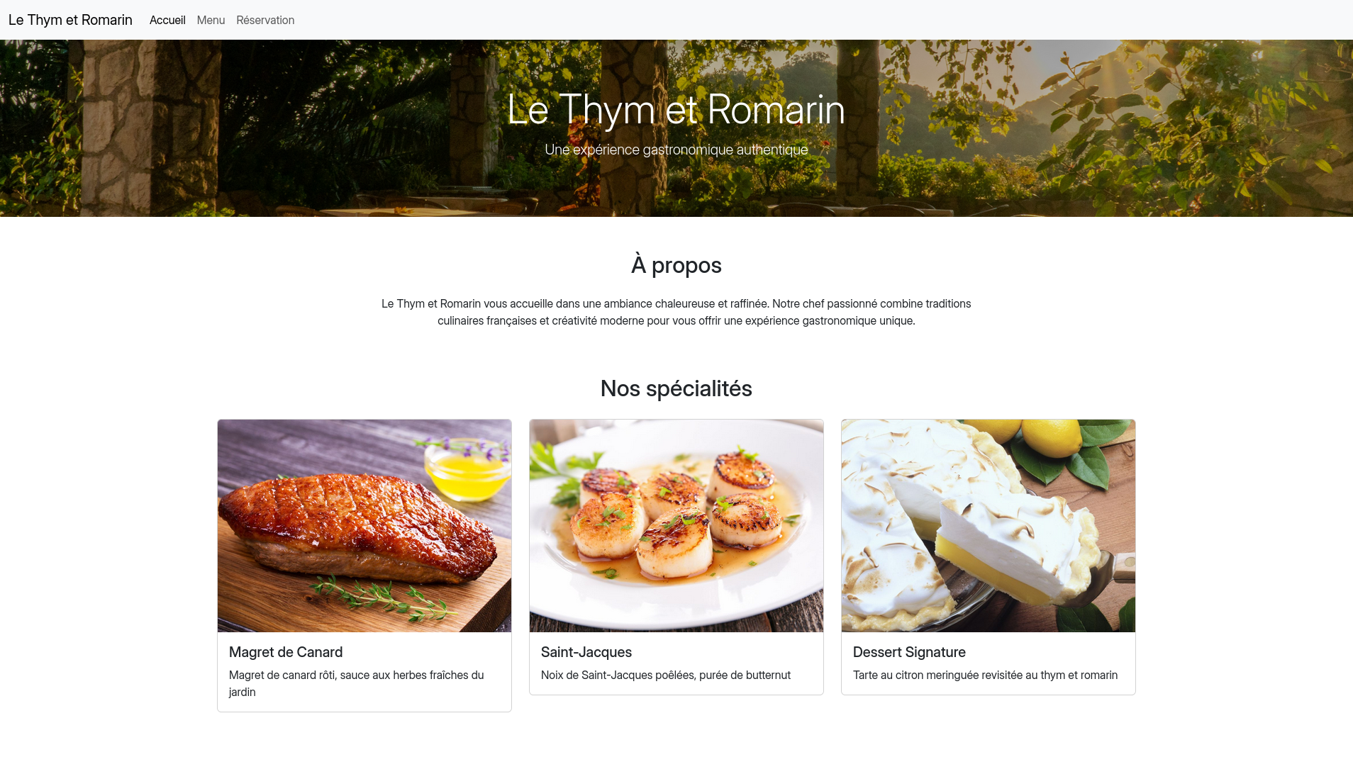 Le Thym et Romarin restaurant website screenshot